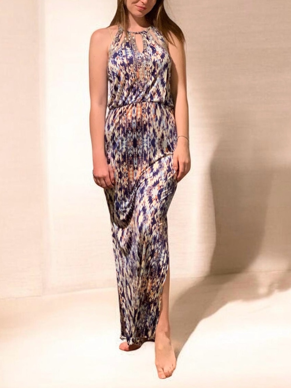 Parker embellished maxi dress size S/M beaded geometric Aztec pattern